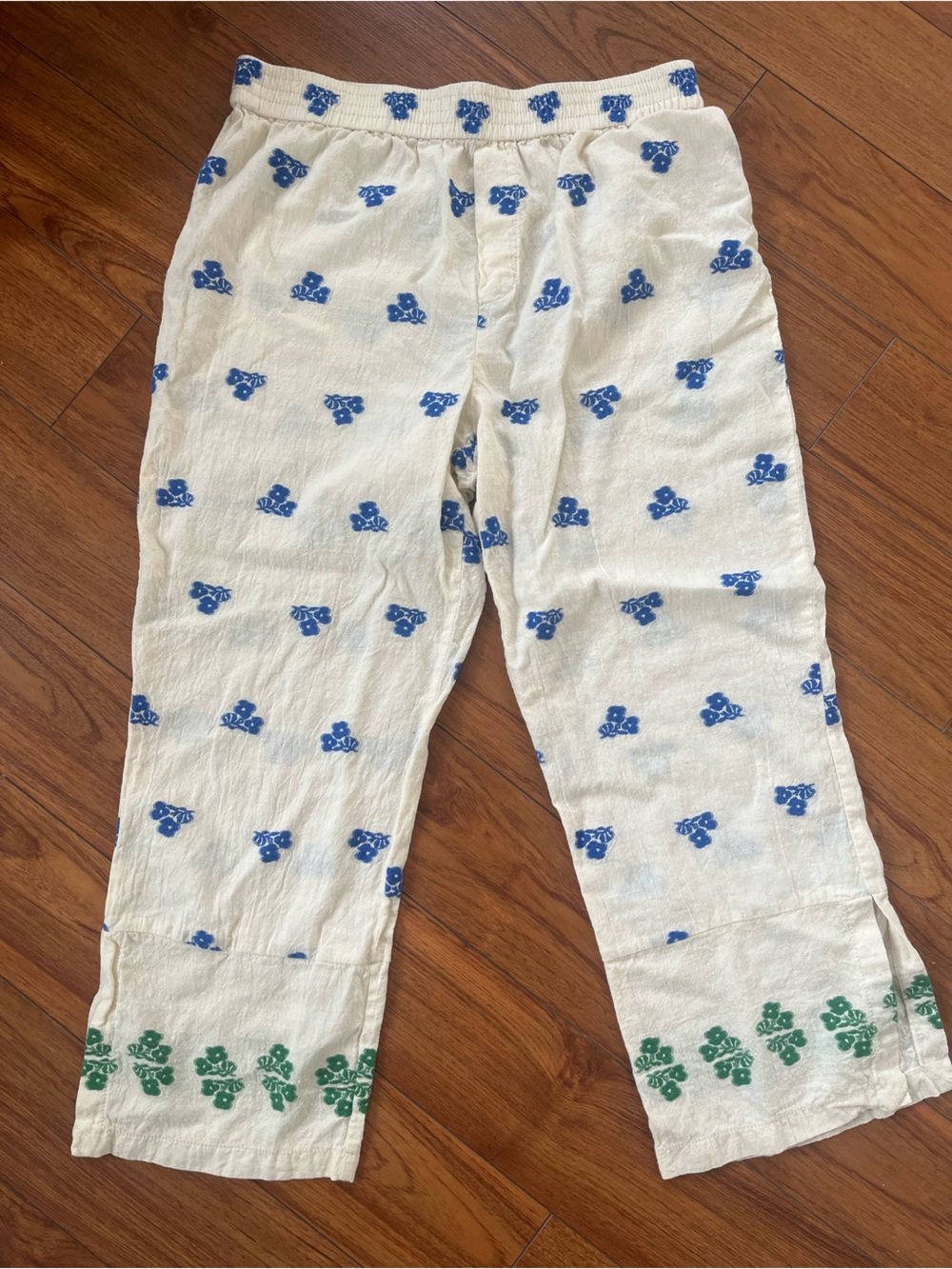 Zara Cream Flowy  Pants with Blue & Green Floral Prints